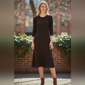 Eileen Fisher Dark Brown Wool Pleated  Scoop-Neck Long-Sleeve Dress